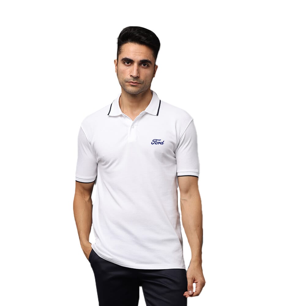 Ford Men's Premium Polo T-Shirt White With Blue Tipping